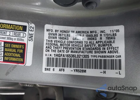 2006 Honda Civic Lx from USA, damaged, VIN 1HGFA16536L021305